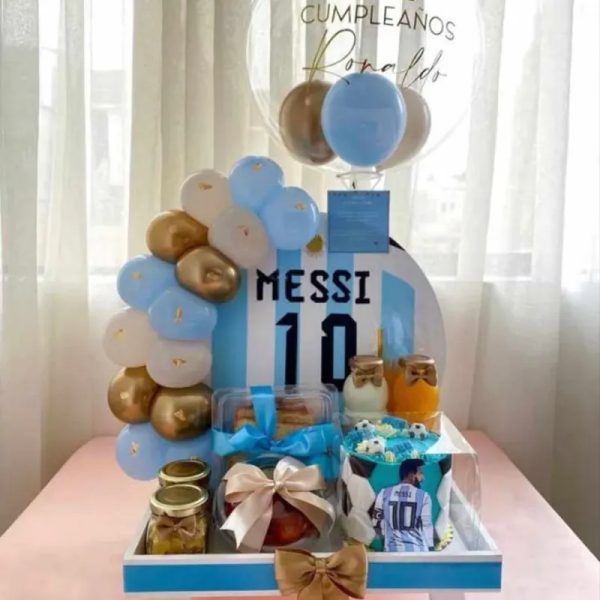 Caja decorada jugador de fútbol+ globo burbuja