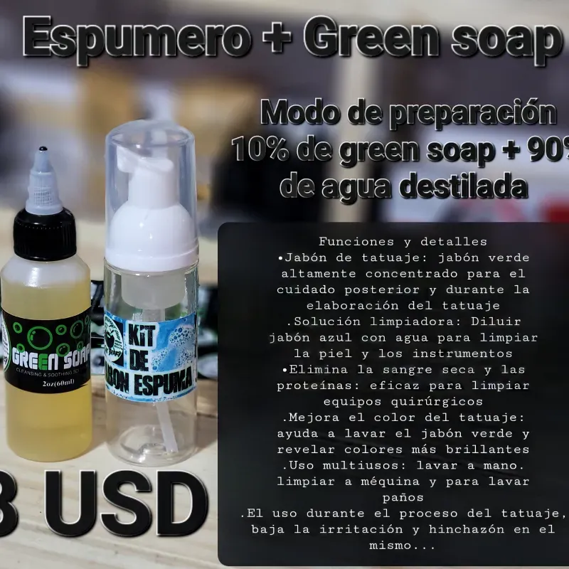 Jabón de tatuaje verde ultra concentrado de 2 oz con botella