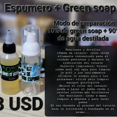 Jabón de tatuaje verde ultra concentrado de 2 oz con botella