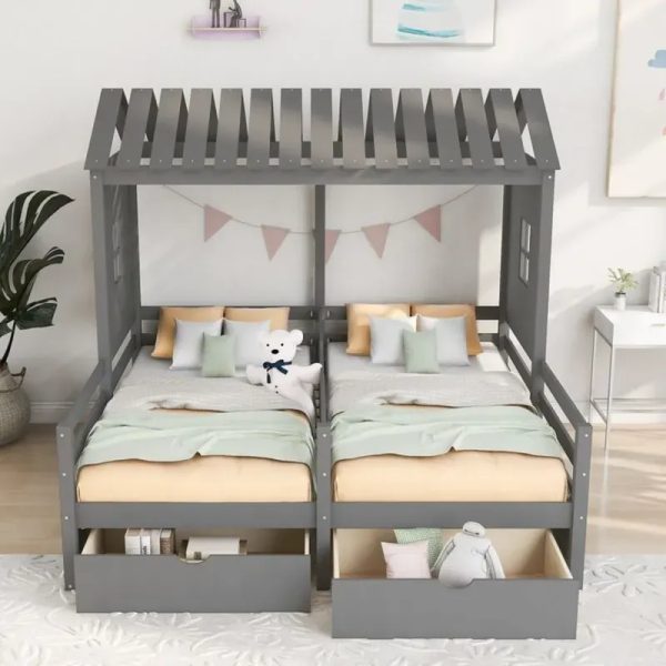 Cama doble con gavetas y techo de casita