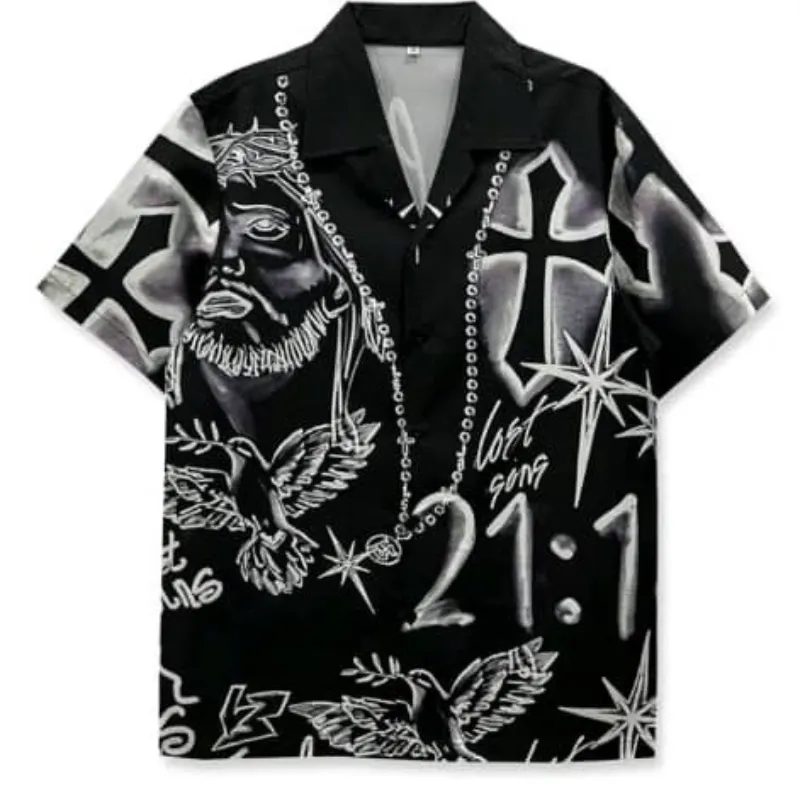 Camisa de hombre negra y blanca con estampados florales, cruciforme abstracto, rostro y pájaros