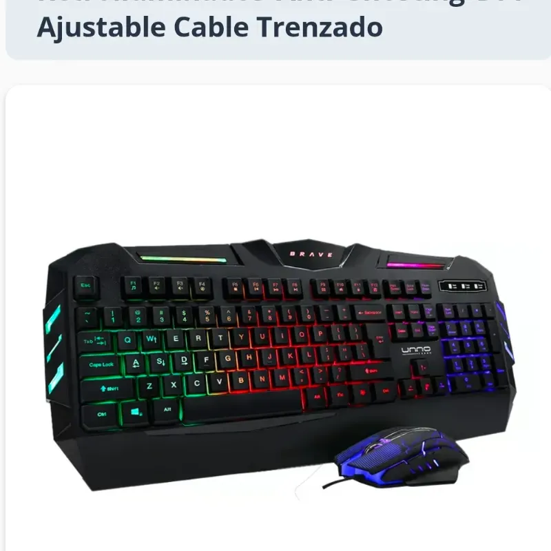 Combo Gamer Unno Tekno Brave BRV82 Teclado y Mouse Retroiluminados Anti-Ghosting DPI Ajustable Cable Trenzado
