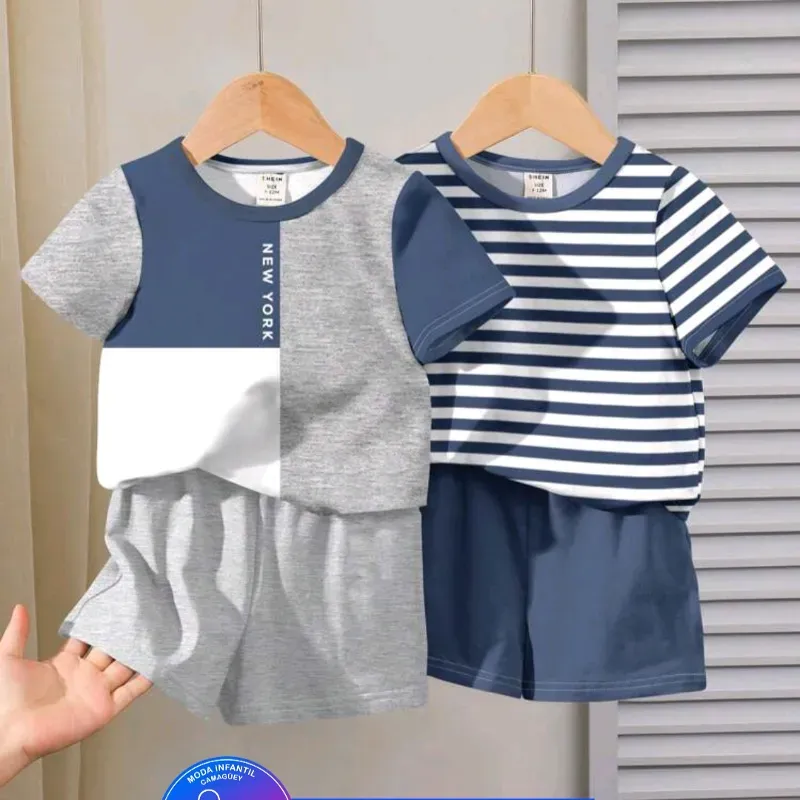 Pullover de raya, short azul