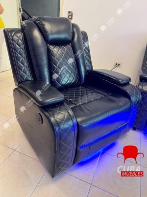 Juego de sofá reclinable multifunción de cuero Power Air con luces LED, muebles de sala de estar, sofá reclinable, sofá biplaza, silla con puerto USB/consola de almacenamiento/portavasos (negro,