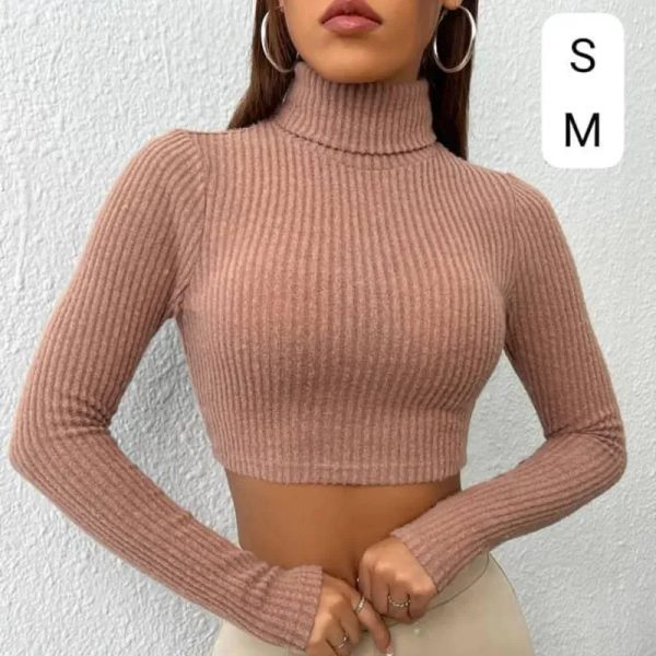  Crop Top de Cuello Alto – Textura acanalada con estilo envolvente
