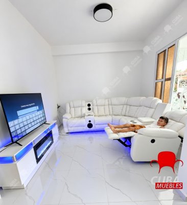 Sofá modular reclinable eléctrico con altavoces de graves para sala de estar, de piel sintética, reclinable, esquinero, con luz LED, reclinables eléctricos para el hogar, color blanco