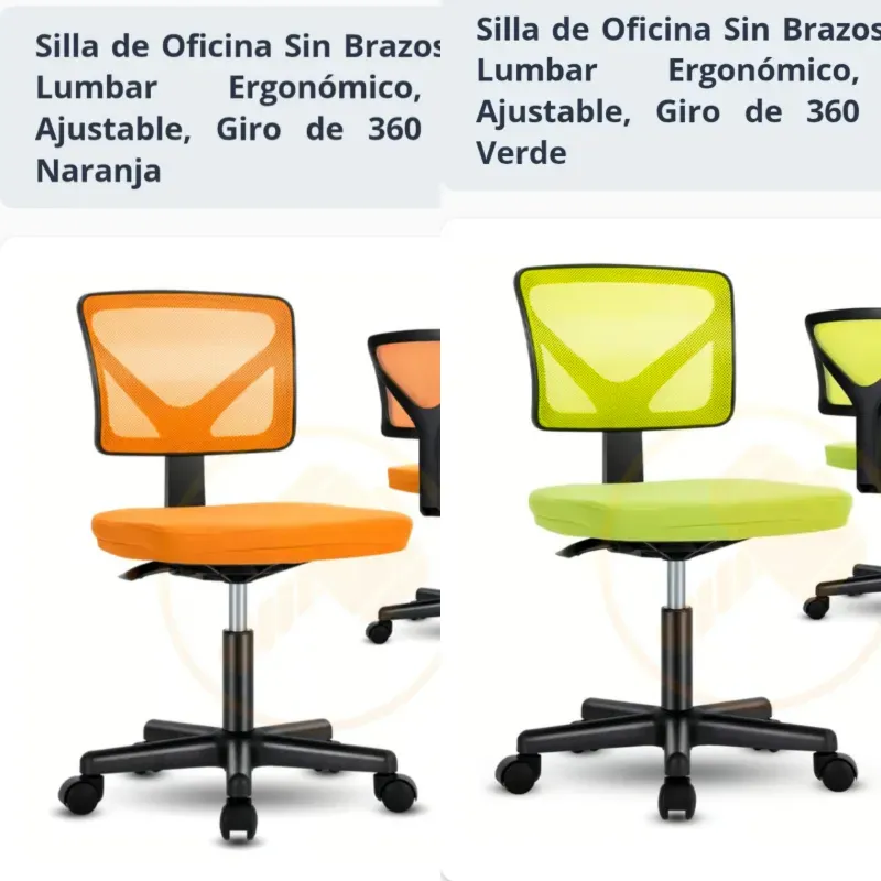Silla de Oficina Sin Brazos, Soporte Lumbar Ergonómico, Altura Ajustable, Giro de 360 Grados - Naranja y Verde.