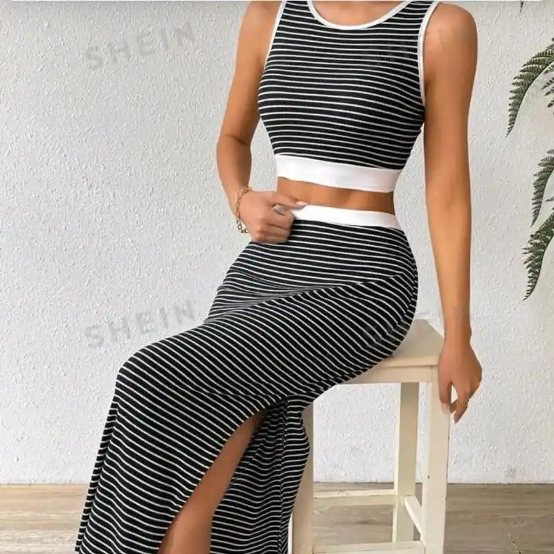  Conjunto de falda y top de listas — Azul/ Blanco