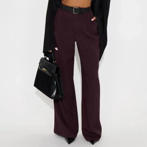 Pantalon Amplio de Mezcla de Lana Rojo Vino