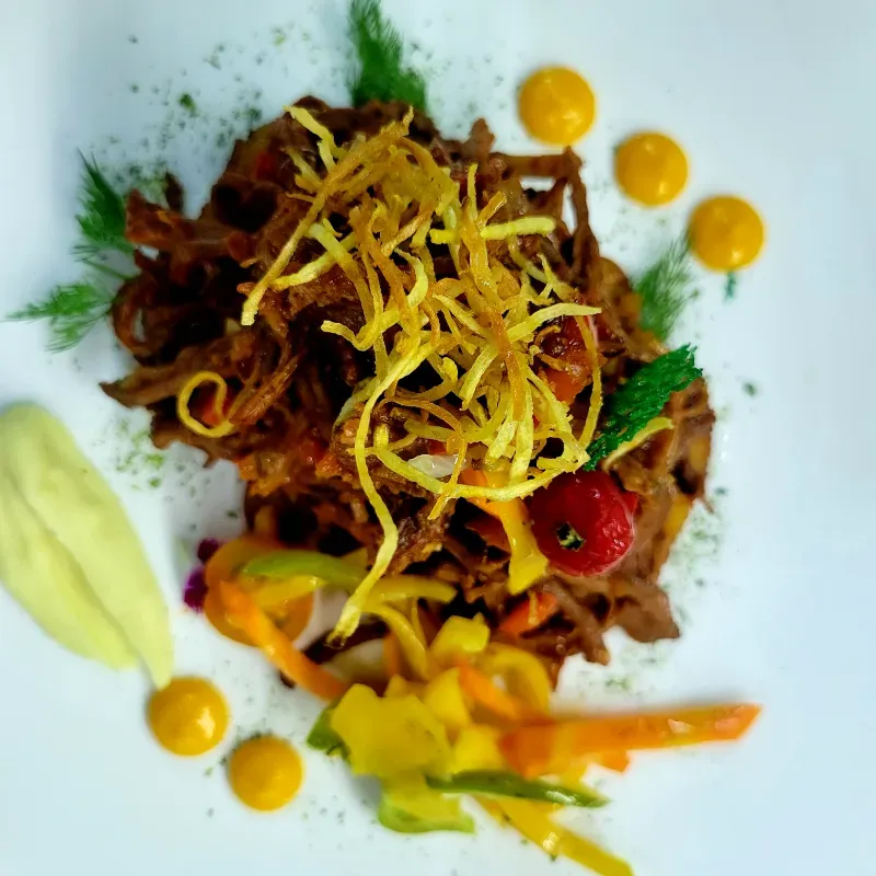Ropa vieja de res/ Cuba's national dish-a stewed & shredded served with sweet fried plantain