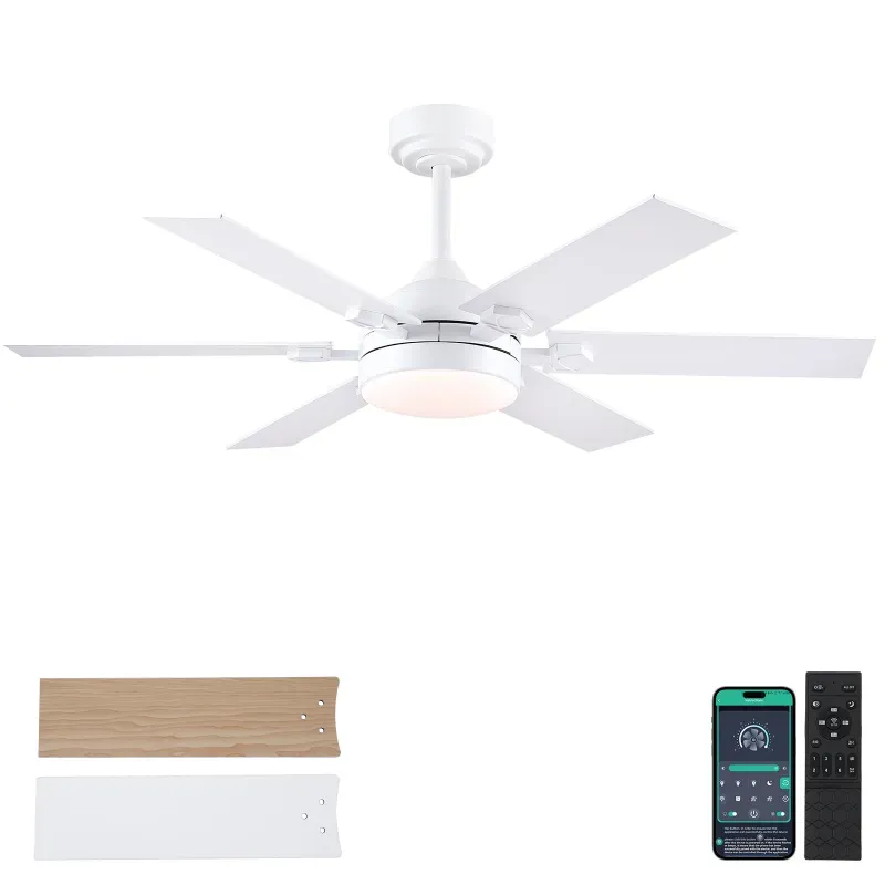 Ventilador de techo moderno MADSHNE 46 pulgadas 6 aspas, LUCES LED (3 MODO DE ILUMINACIÓN) BLANCO, ASPAS REVERSIBLES NUEVO.
