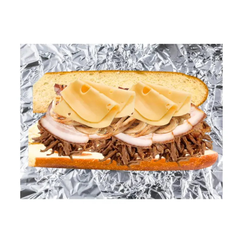 Lechonazo 29 (Pan de Baguette con Lechón Asado al Carbón, Lomo Ahumado, Queso Gouda, Cebolla y Mojo Cubano)