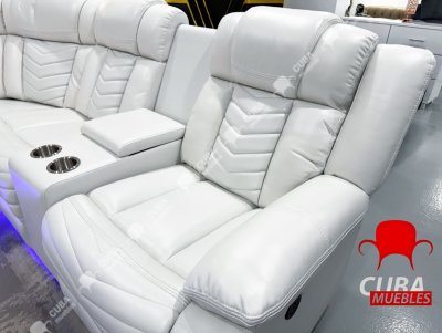 Sofá modular reclinable eléctrico con altavoces de graves para sala de estar, de piel sintética, reclinable, esquinero, con luz LED, reclinables eléctricos para el hogar, color blanco