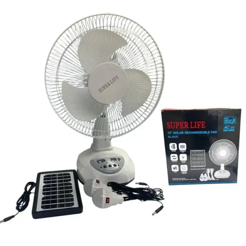 VENTILADOR RECARGABLE DE MESA SUPER LIFE 12" + PANEL SOLAR + BOMBILLOS (LHZ)