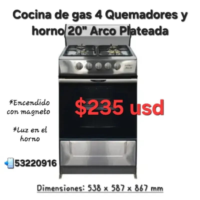COCINA DE GAS DE 4 QUEMADORES Y HORNO DE 20" ARCO PLATEADA