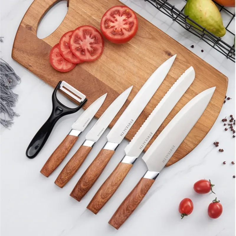 SET DE CUCHILLOS 6 PIEZAS MANGO PLÁSTICO COLOR MADERA (VPT)