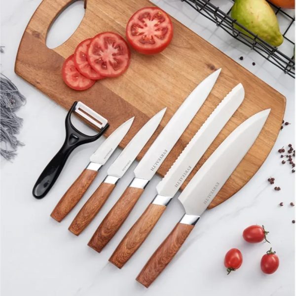 SET DE CUCHILLOS 6 PIEZAS MANGO PLÁSTICO COLOR MADERA (VPT)