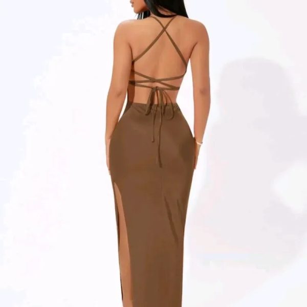 Vestido largo de crucetas en la espalda — Marrón Chocolate