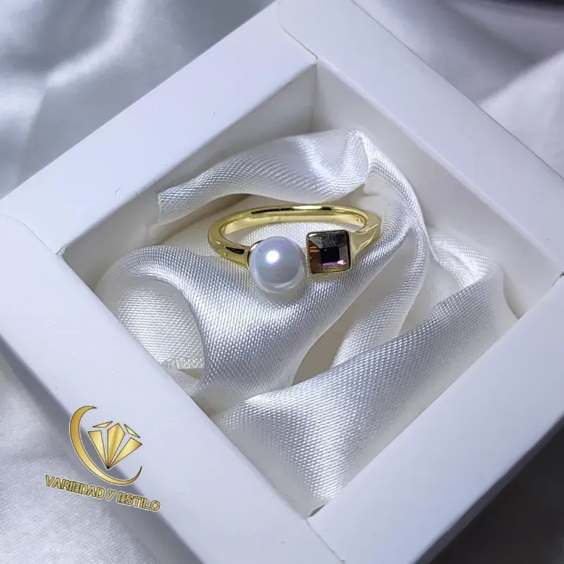Anillo ajustable de piedra y perla