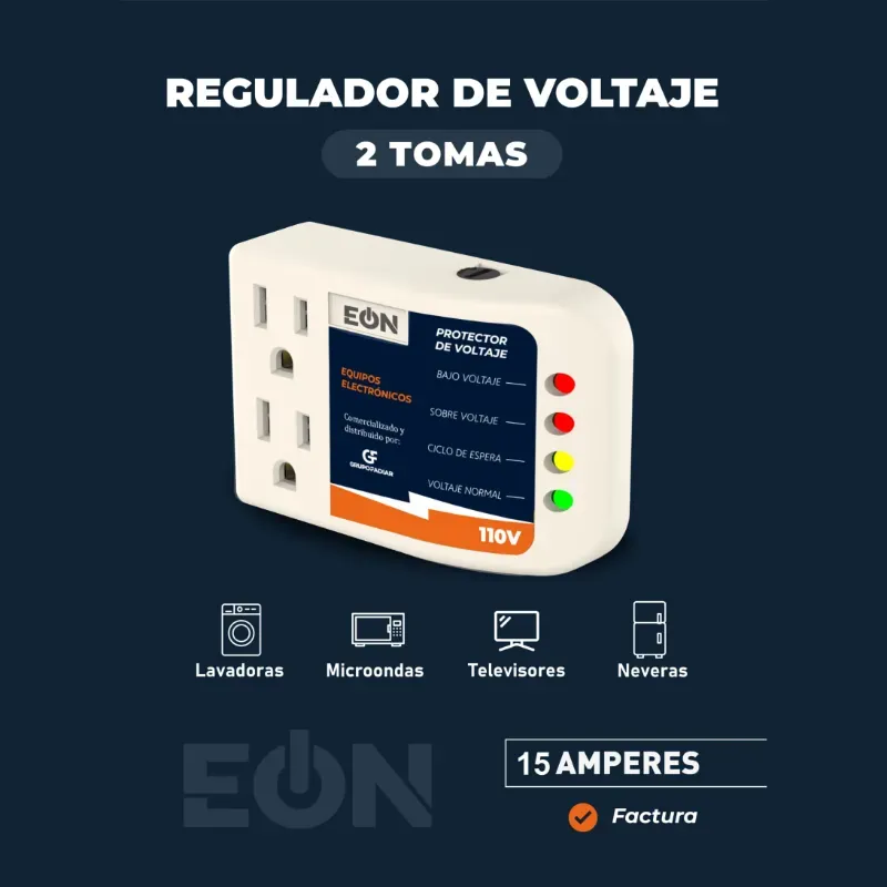 PROTECTOR DE VOLTAJE 110V 15A EÓN 2 TOMAS (FAD)