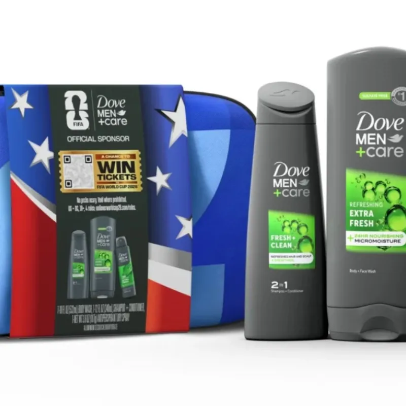 Dove Men+Care Set de Regalo Navideño con Temática de Fútbol, Gel de Baño Extra Fresco, Desodorante Antitranspirante en Spray y Champú y Acondicionador 2 en 1, Paquete de 3