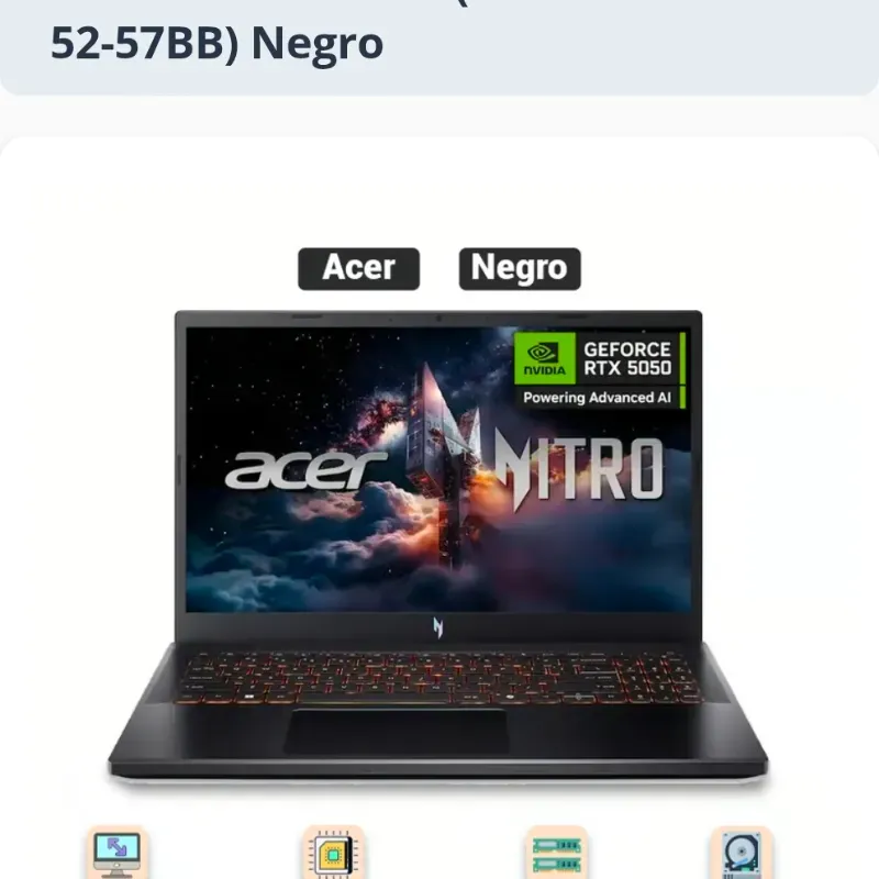 Laptop Acer Nitro V Gaming 15.6" FHD 165Hz Core i5-13420H RTX 5050 16GB 512GB SSD (Modelo: ANV15-52-57BB) Negro