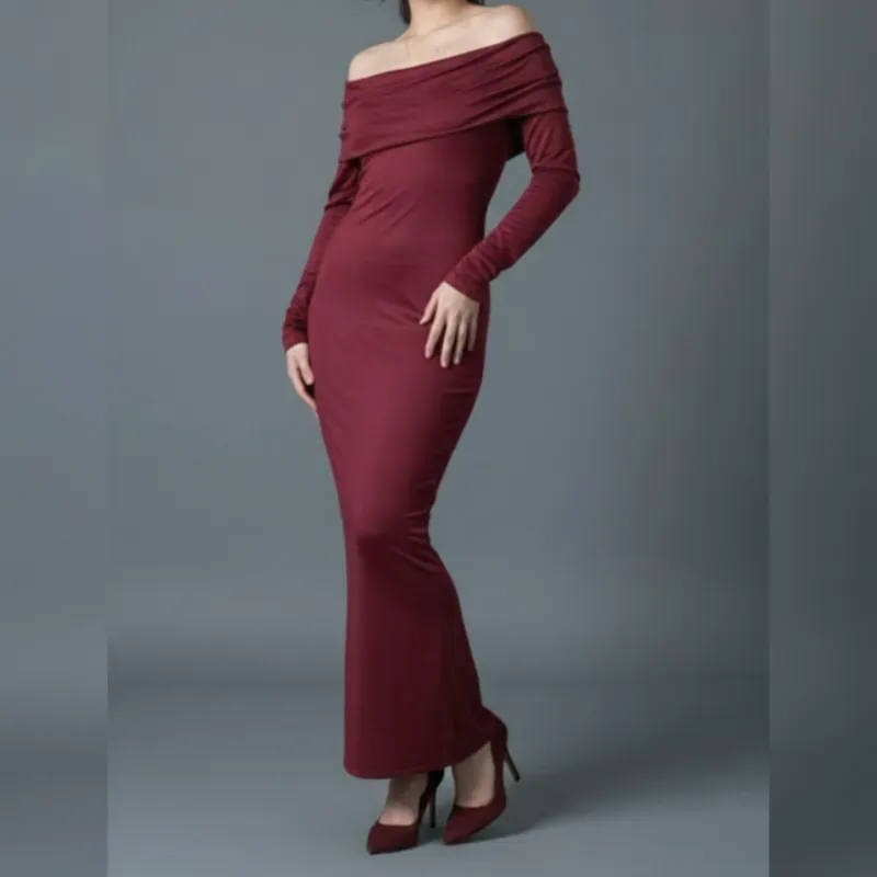 Vestido elastizado largo de hombros descubiertos