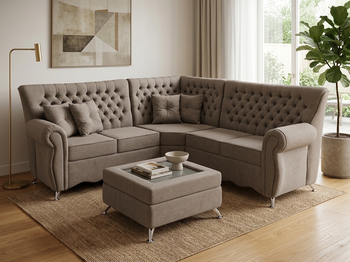 Sofa Esquinero Chester Luis XV Tapizado con Mesa de centro