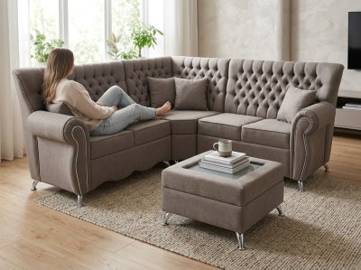 Sofa Esquinero Chester Luis XV Tapizado con Mesa de centro