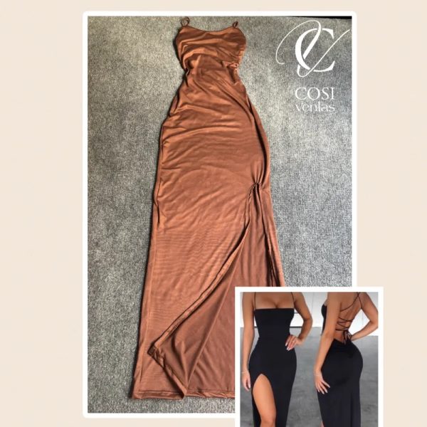 Vestido largo de espalda descubierta cruzada carmelita