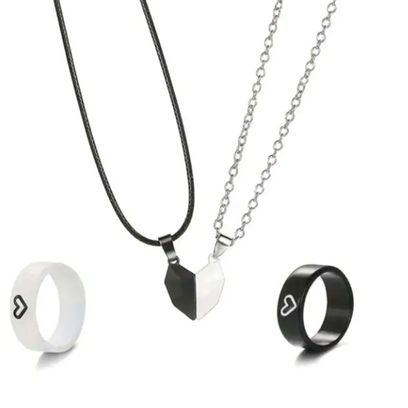 Juego de collar y anillos con corazón imanisado