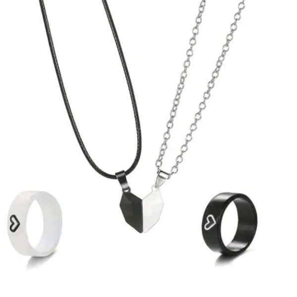 Juego de collar y anillos con corazón imanisado