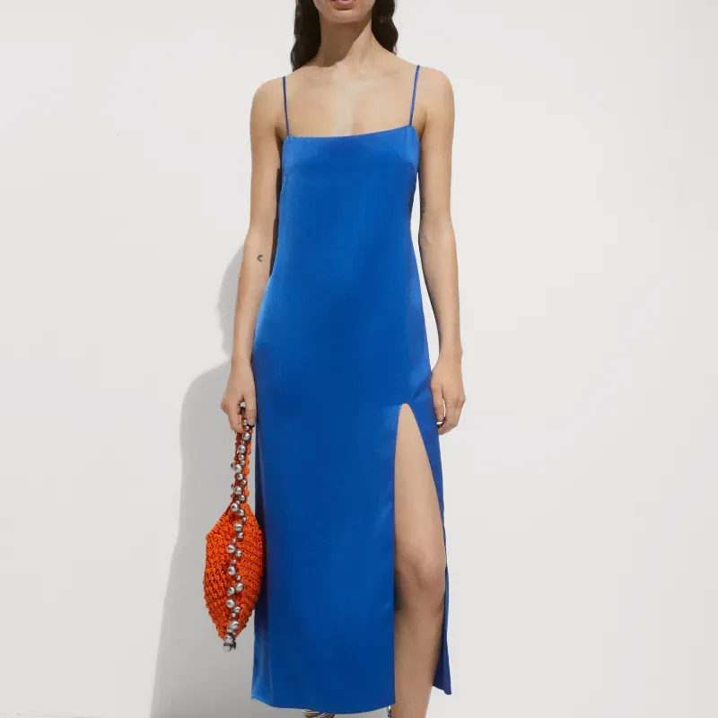 Vestido Mango satinado azul con abertura