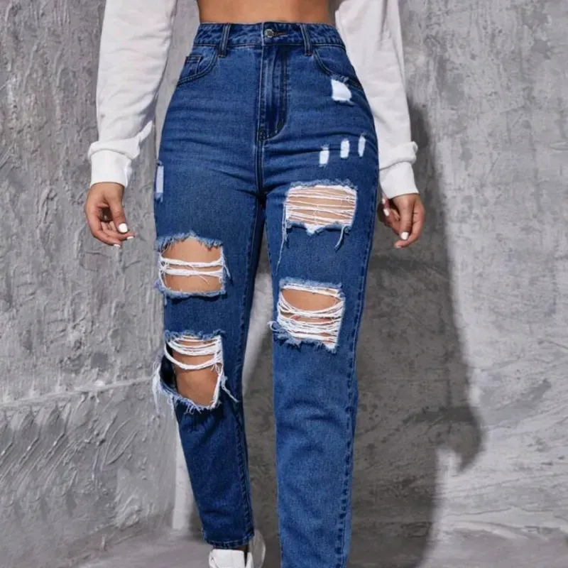  Jeans pierna recta desgastados y desgarrados — Azul Mezclilla Oscura