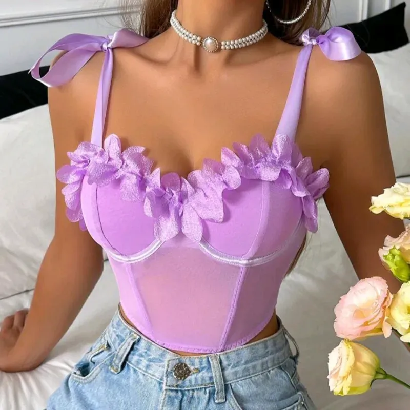  Top con tirantes de cinta y aplique floral — Malva