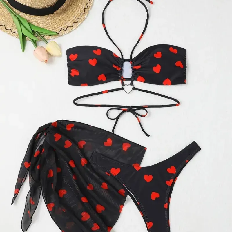 ❤️ Bikini con estampado de corazones — Negro