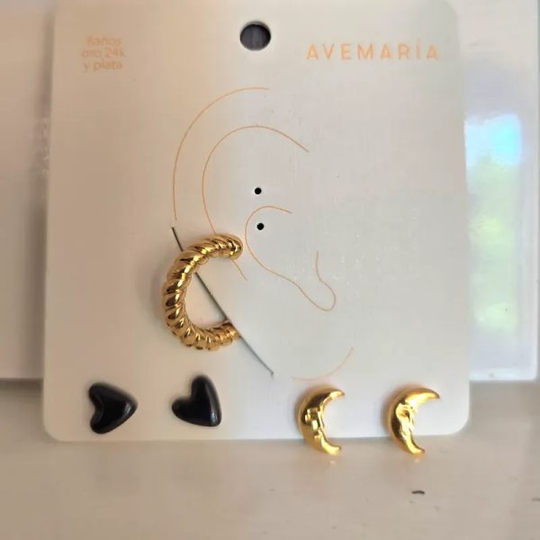 Set X3 Aretes Corazón Mini/lunitas
