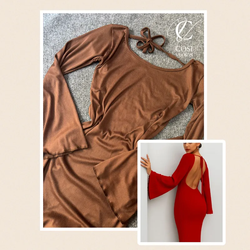 Vestido largo espalda descubierta mangas campanas en carmelita