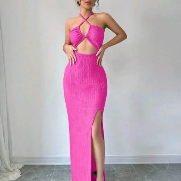  Vestido largo escote delantero — Rosado