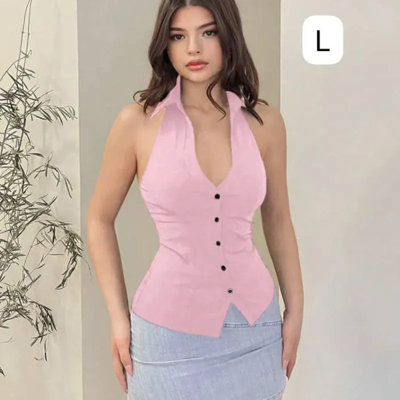  Top Pink Halter – Frescura audaz con escote profundo y contraste visual