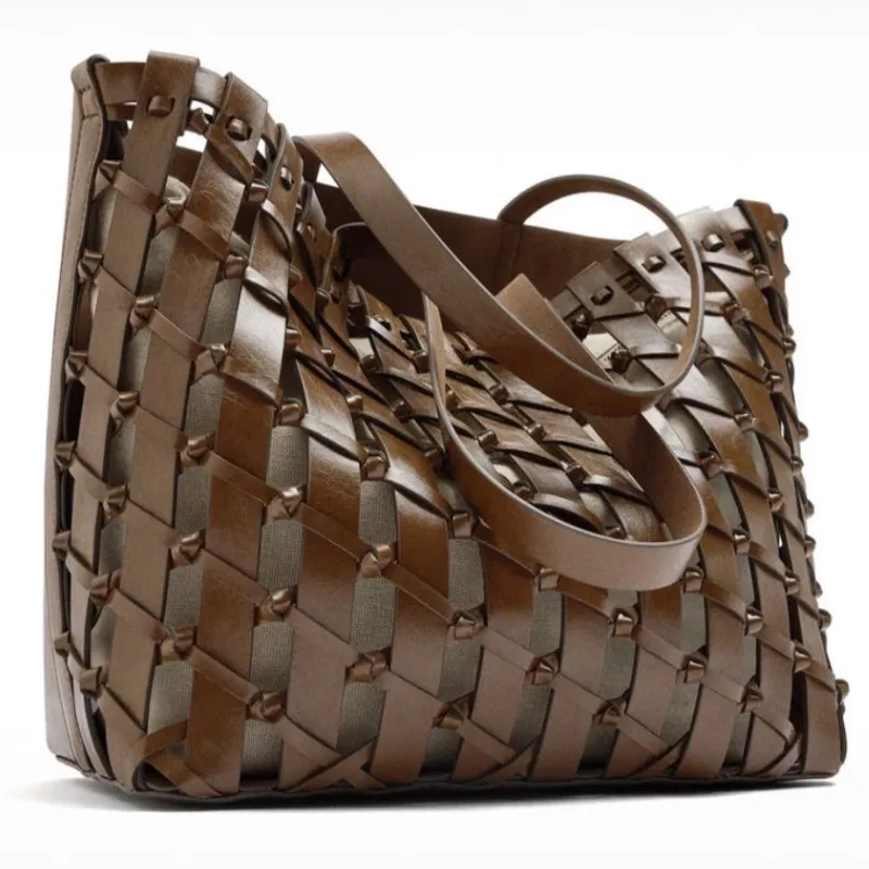 Bolso Shopper Trenzado con Nudos Marrón