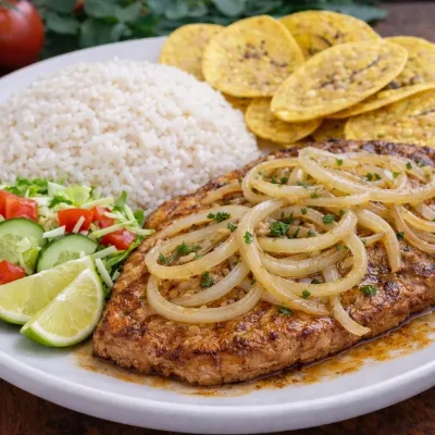 Bistec de Cerdo Encebollado con Arroz blanco