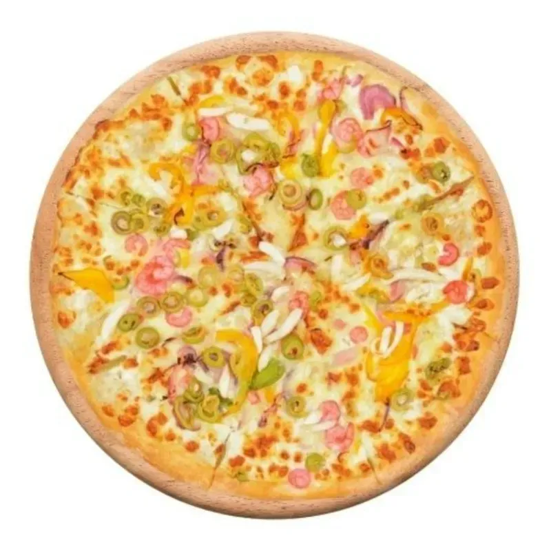 Pizza Mixta Sabor Mediterráneo (Camarones, Aceitunas, Jamón y Doble Queso)