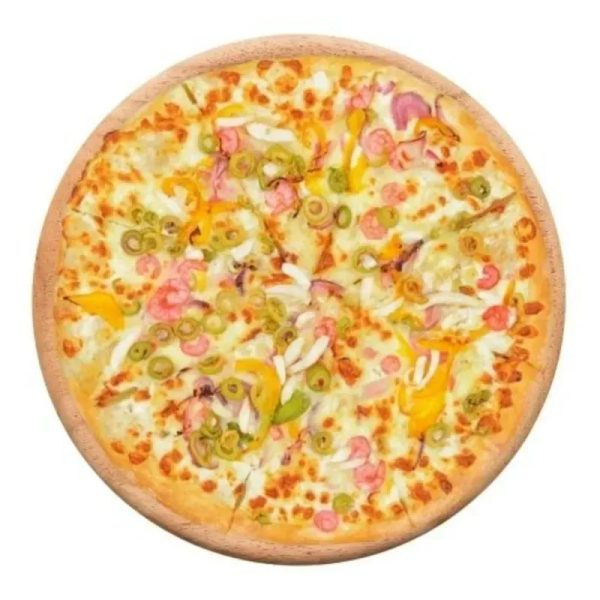 Pizza Mixta Sabor Mediterráneo (Camarones, Aceitunas, Jamón y Doble Queso)