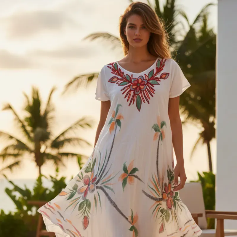 Vestido tropical blanco con estampado artesanal 