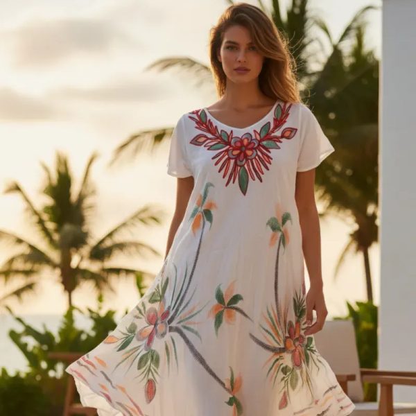 Vestido tropical blanco con estampado artesanal 