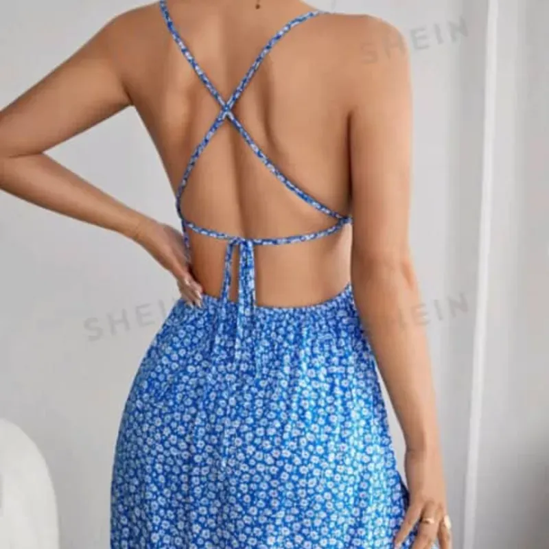  Vestido corto de espalda afuera — Azul