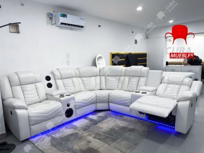 Sofá modular reclinable eléctrico con altavoces de graves para sala de estar, de piel sintética, reclinable, esquinero, con luz LED, reclinables eléctricos para el hogar, color blanco