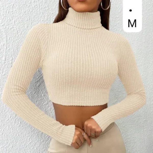  Crop Top Beige de Cuello Alto – Elegancia minimalista con textura envolvente