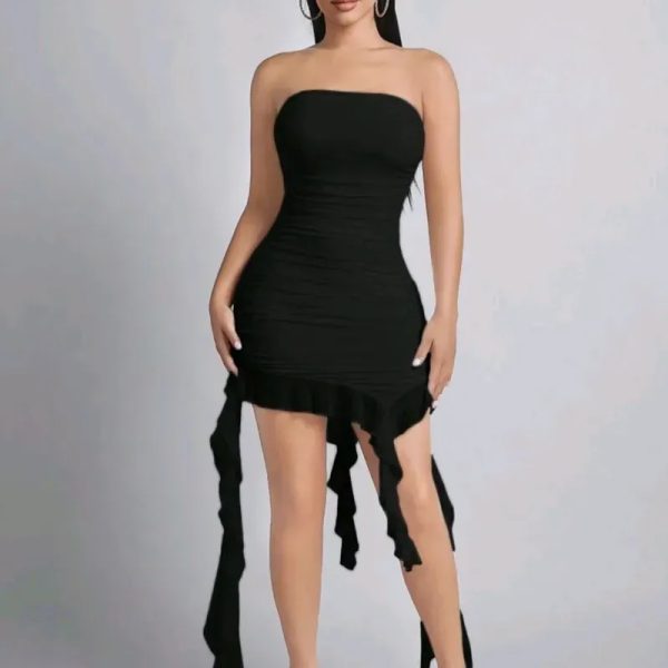  Vestido fruncido con volantes — Negro